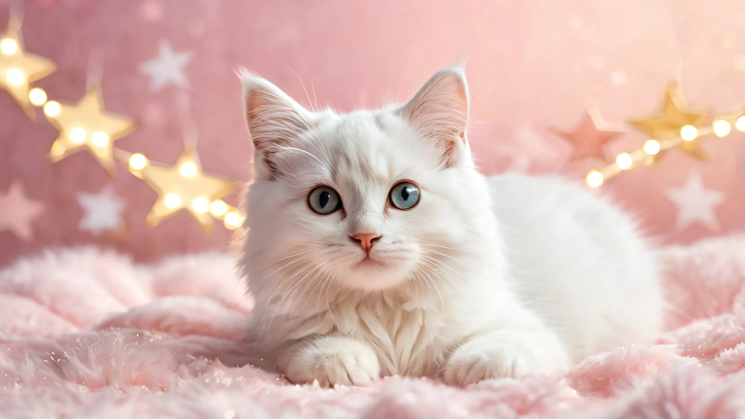 A whimsical desktop scene featuring a kitten surrounded by clouds and shooting stars on a pure void background for Desktop/PC.