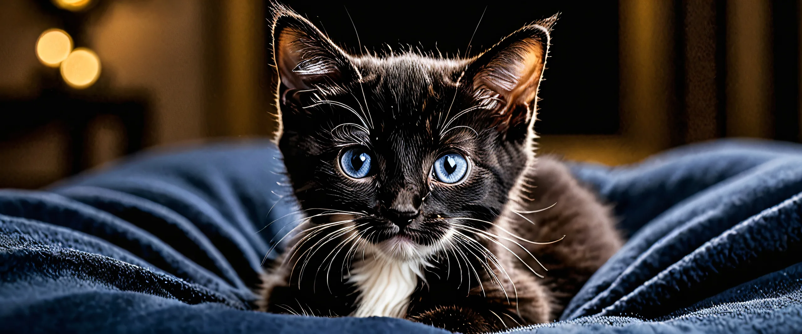 A sleek and modern desktop wallpaper featuring a kitten lounging on a pristine void background with deep perfect blacks, crisp contrast, and luminescent accents.