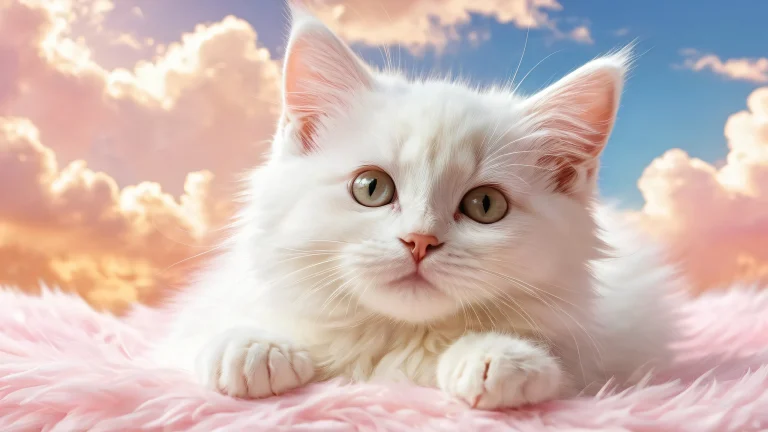 A serene and majestic kitten surrounded by a vast, pure void, complete with soft fuzzy cat bed and white fluffy clouds on a desktop/PC.