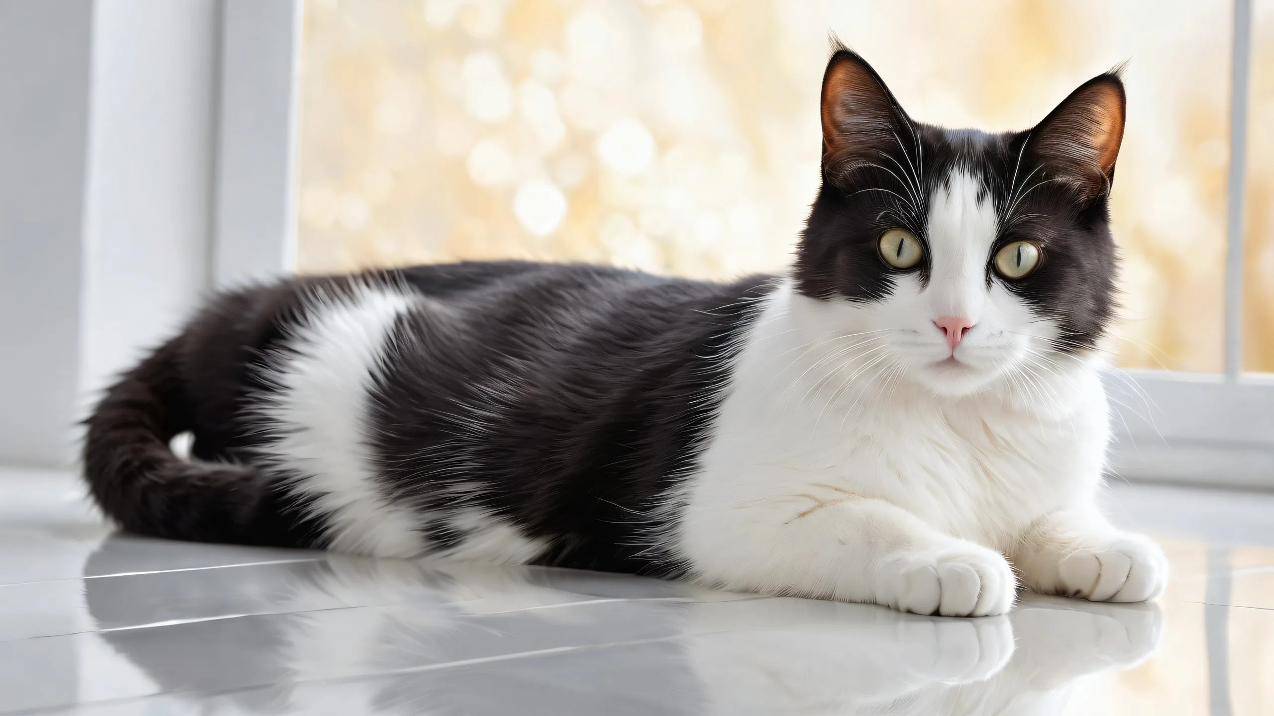 A majestic cat sits atop a vast, pristine void, with radiant light and reflections creating an otherworldly desktop scene for PCs.