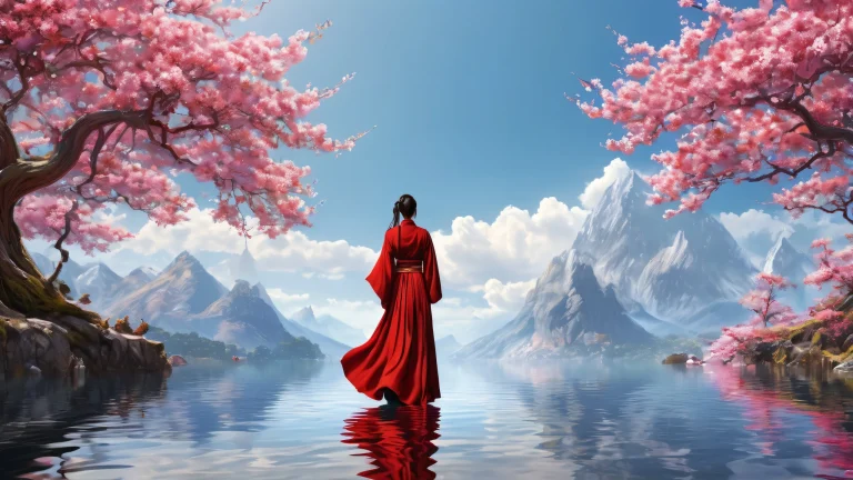 Desktop/PC wallpaper featuring an ethereal figure in crimson robe against a vast pure void background with extreme depth of field and award-winning digital art.