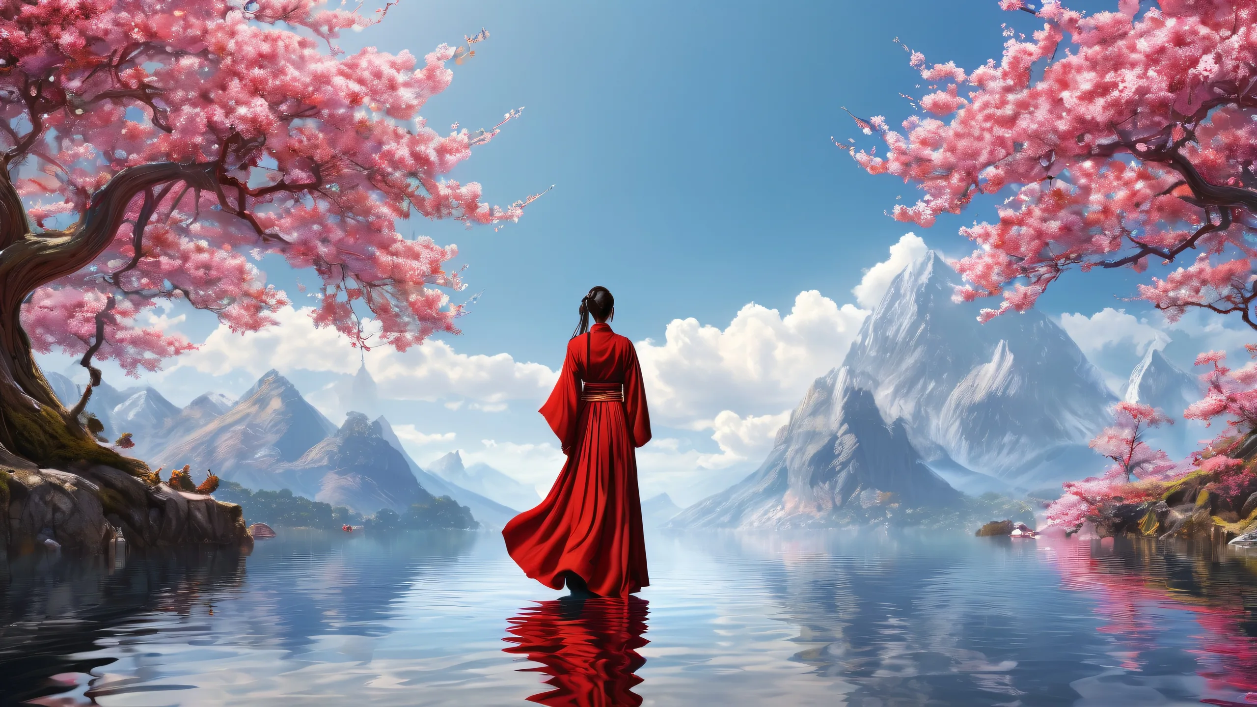 Epic Ethereal Figure in Crimson Desktop Wallpaper Desktop/PC wallpaper featuring an ethereal figure in crimson robe against a vast pure void background with extreme depth of field and award-winning digital art.