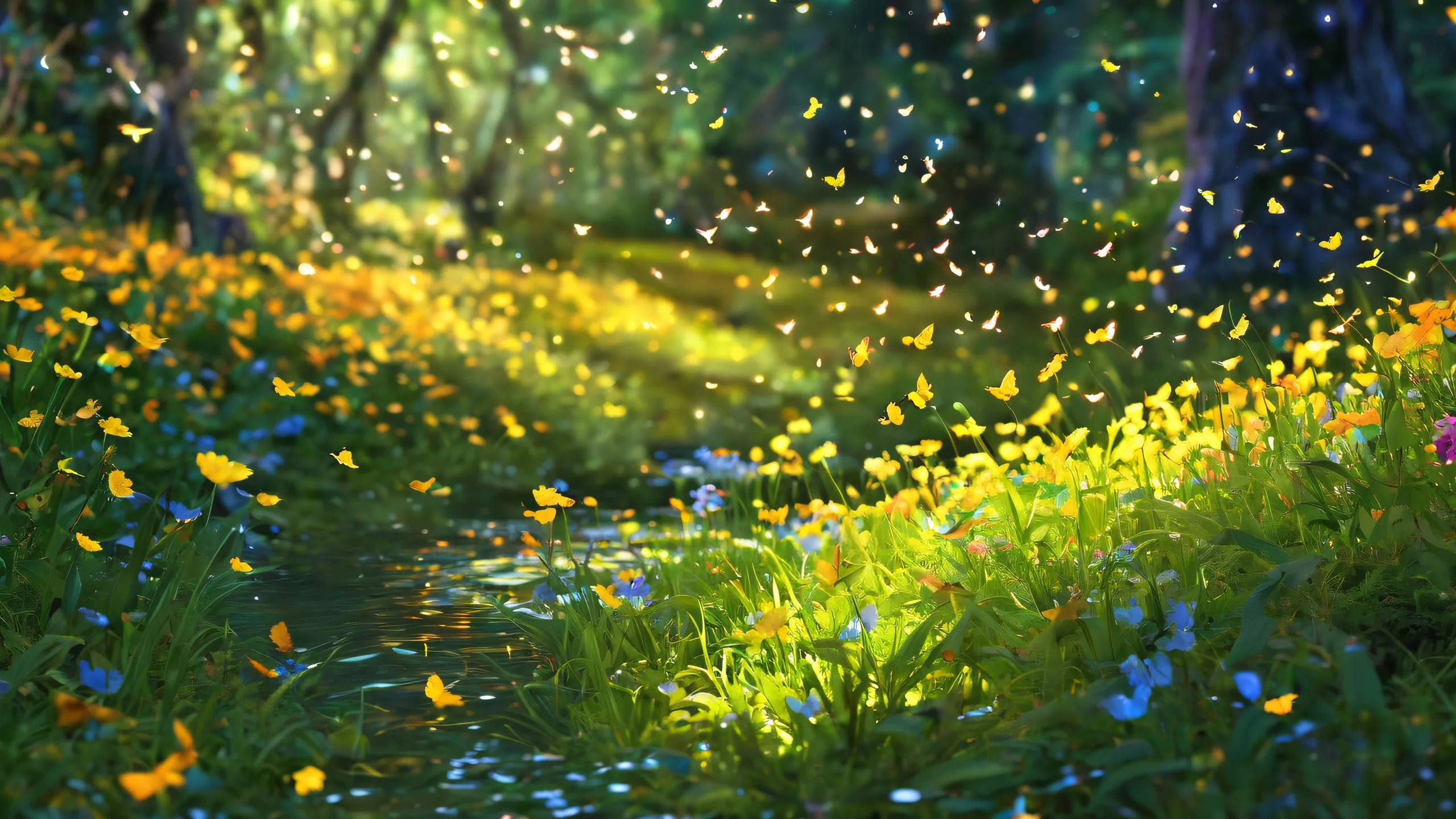 A desktop wallpaper featuring a void with flying fireflies and soft magical light, ideal for Desktop/PC backgrounds.