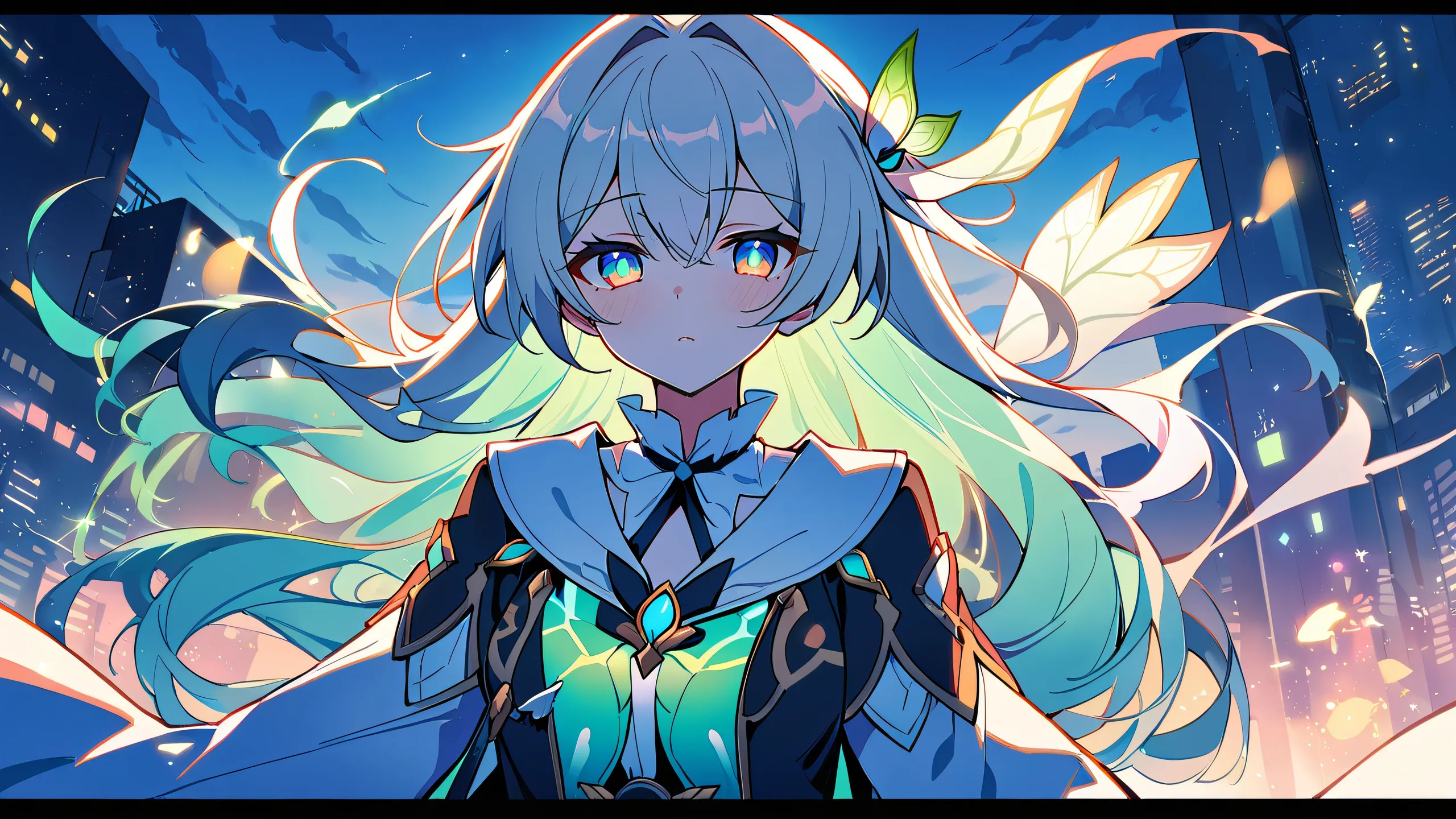 A stunning anime-inspired desktop wallpaper featuring a girl gazing at the viewer amidst a perfectly clean vast pure void, with subtle hints of urban cityscapes in the background, depicted in bright and airy colors with ethereal lighting.