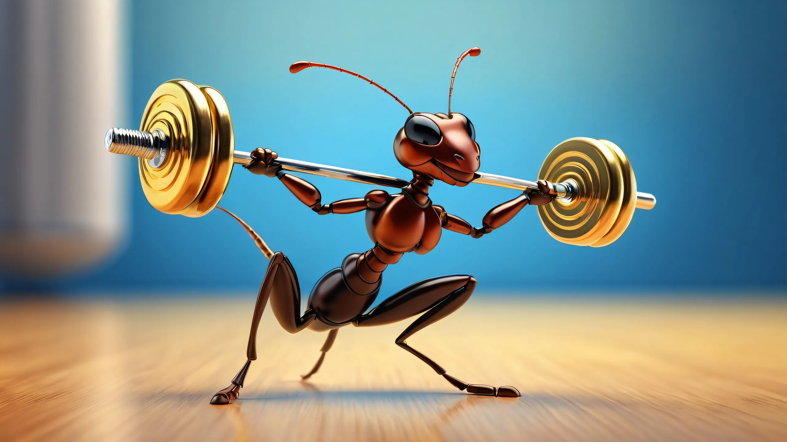 Ant Lifting Dumbbell on a pristine void desktop background for PC/ Desktop use.