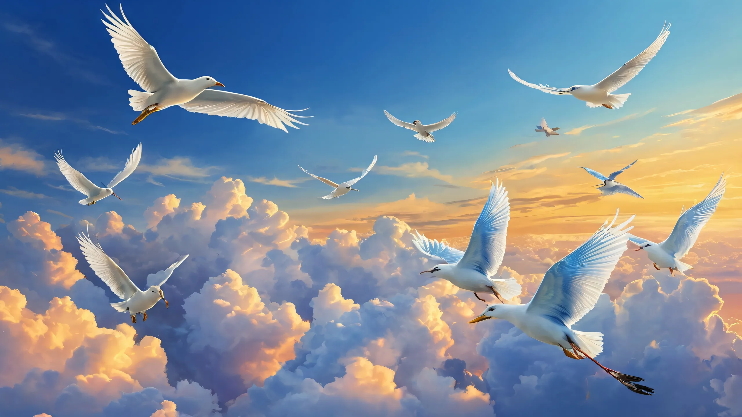 Desktop/PC wallpaper featuring flying animals against a serene blue sky with subtle clouds and gentle sunset glow.