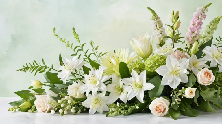 Centered floral arrangement on a pure void desktop background with gentle paper texture and radiant colors for use on Desktop/PC