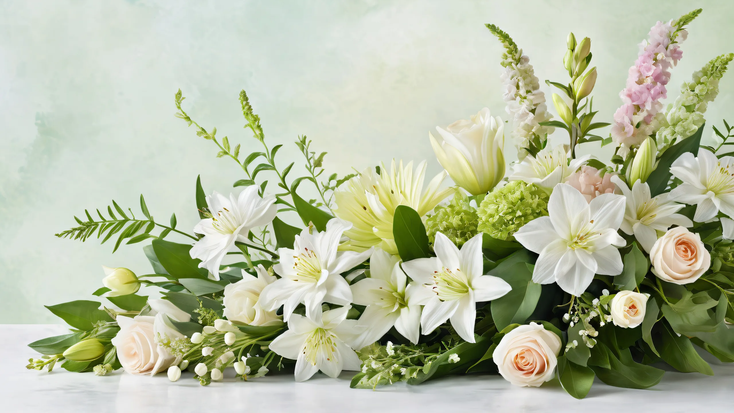 Centered floral arrangement on a pure void desktop background with gentle paper texture and radiant colors for use on Desktop/PC