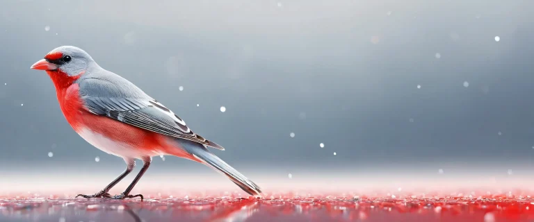 A serene desktop image of a bird in a vast pure void with thick fog and colorful red and white light streaks and particles, suitable for Desktop/PC use.