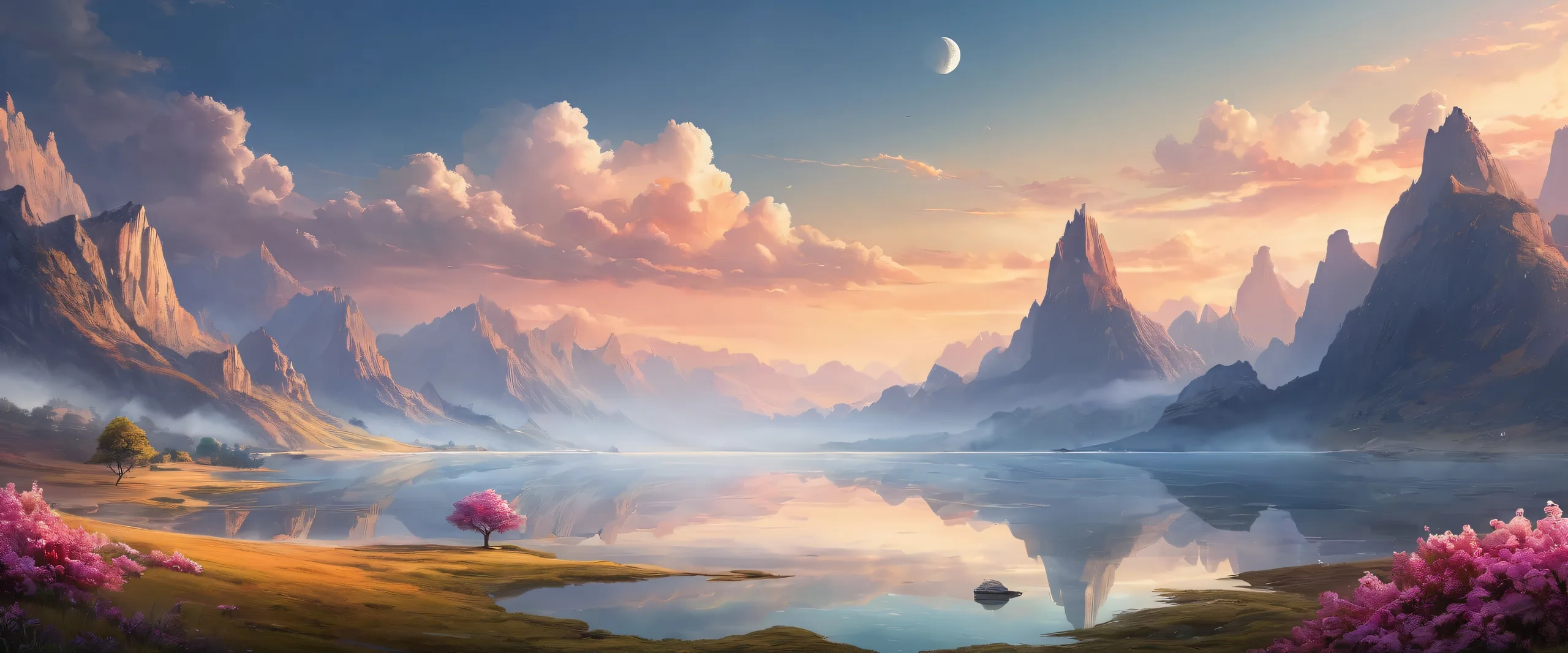 A serene Romantic Scene desktop backdrop for PCs and laptops, featuring a dreamy void with foggy atmosphere and radiant colors.