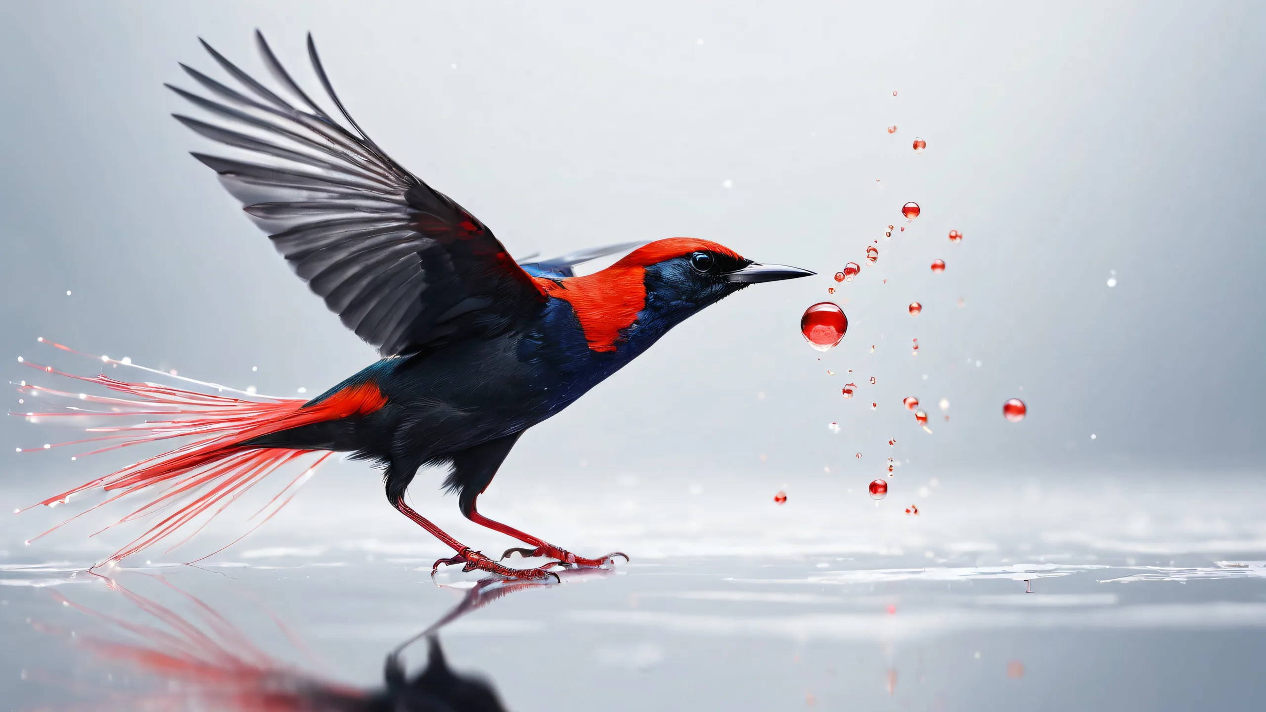A stunning dark desktop wallpaper featuring a bird in a vast, pure void with thick fog and colorful red and white light streaks and particles. Suitable for Desktop/PC use.