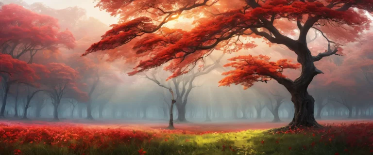 A majestic tree stands tall amidst a thick fog on a pristine desktop/PC background.