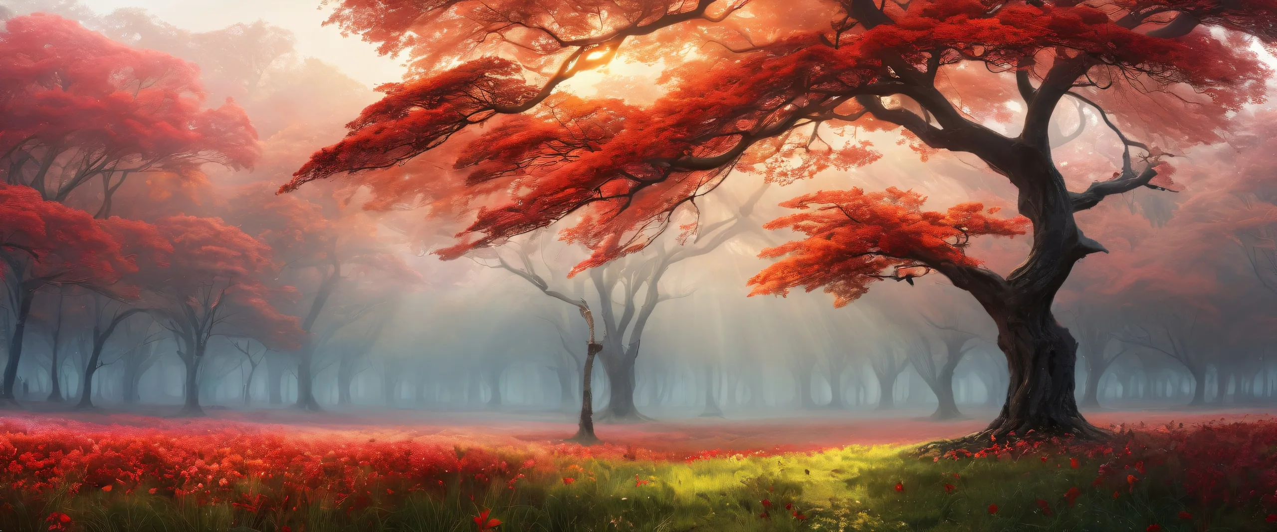 A majestic tree stands tall amidst a thick fog on a pristine desktop/PC background.