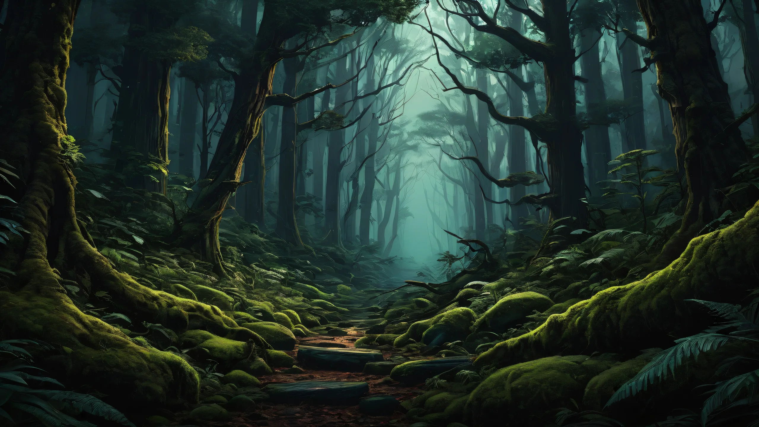 A stunning digital artwork of a forest landscape on a desktop or PC screen.