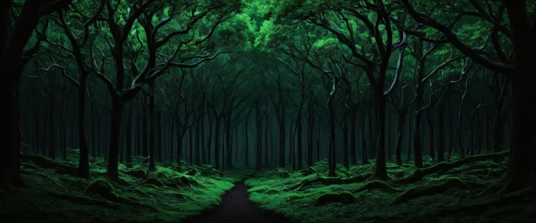 A serene and peaceful forest scene for your desktop or PC, featuring deep green trees against a pure black void.