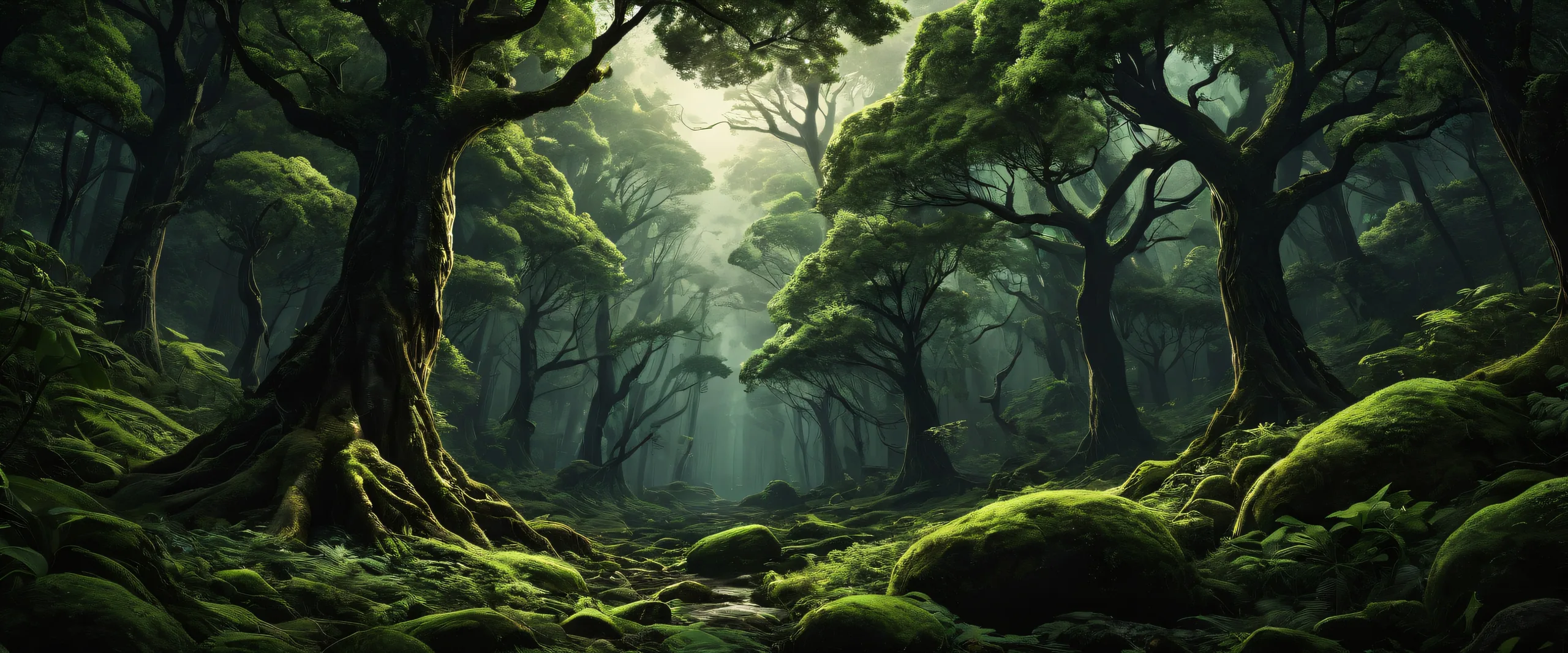 A serene and breathtaking desktop scene of a lush forest on a perfectly clean background, suitable for PC or Desktop use.