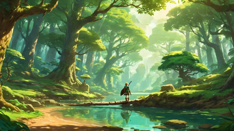 Link's Transaction desktop wallpaper featuring a magical forest canopy on a pure void background for PC/ Desktop.
