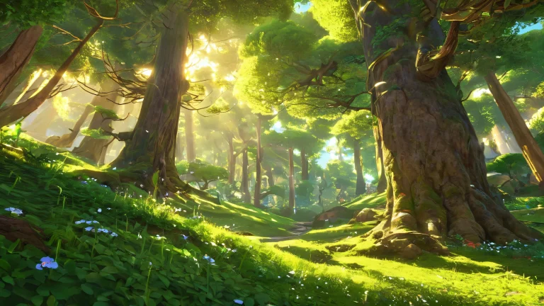 Magical forest canopy on a pure void Desktop/PC background with mysterious green light shafts and ethereal lighting.