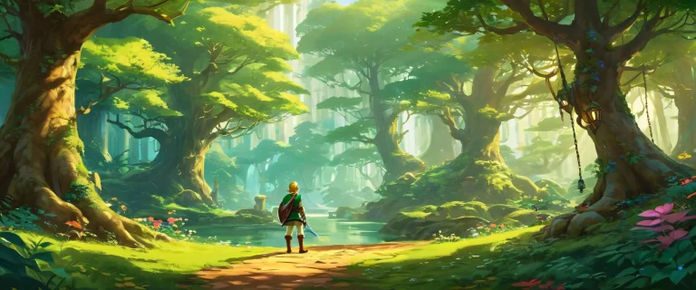 A stunning desktop image of Link's Transaction, featuring an enchanted forest canopy with towering trees, perfect for use on a Desktop/PC.