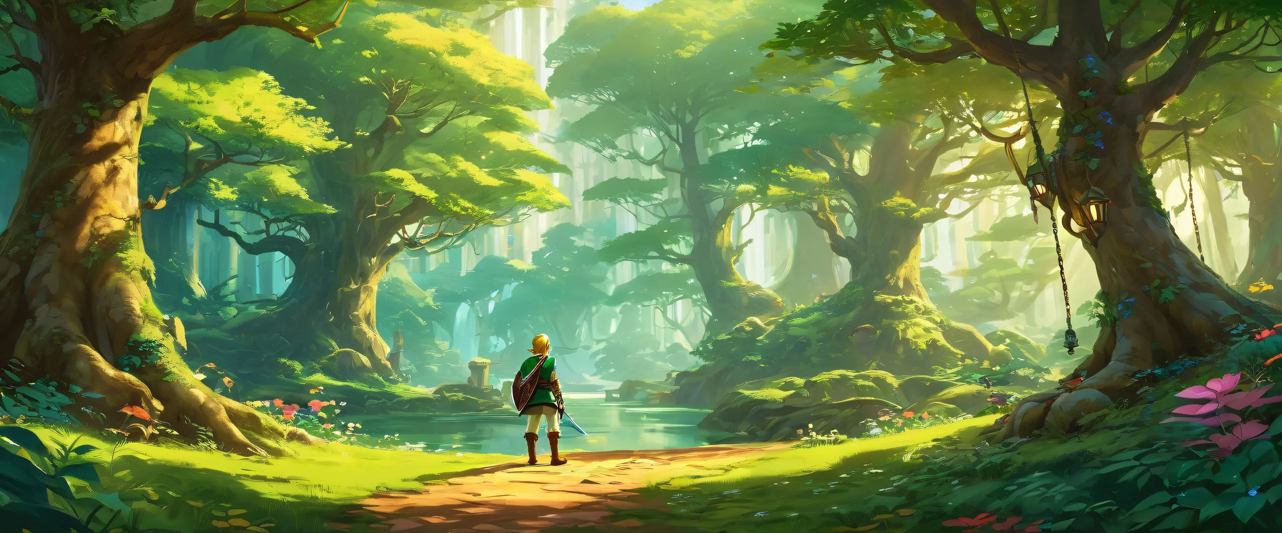 A stunning desktop image of Link's Transaction, featuring an enchanted forest canopy with towering trees, perfect for use on a Desktop/PC.