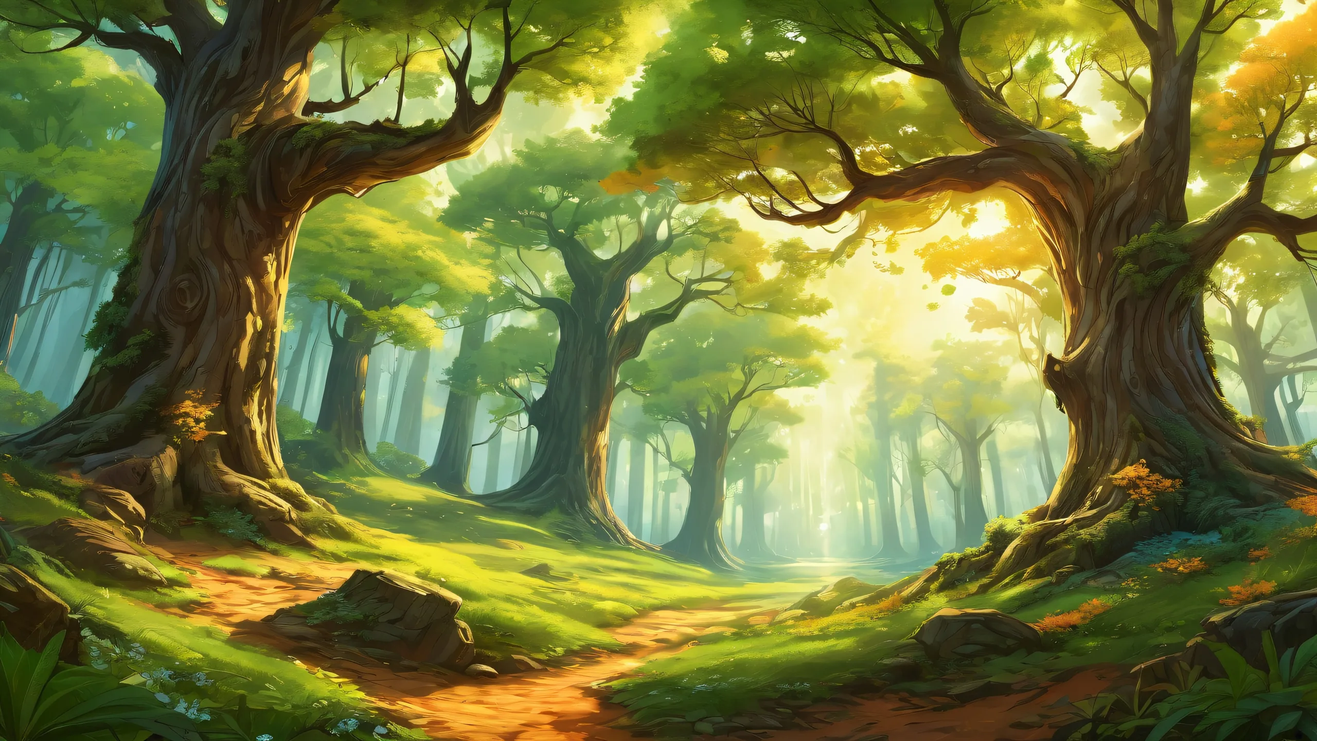Serene forest atmosphere on a desktop or PC with majestic trees and radiant sunlight.