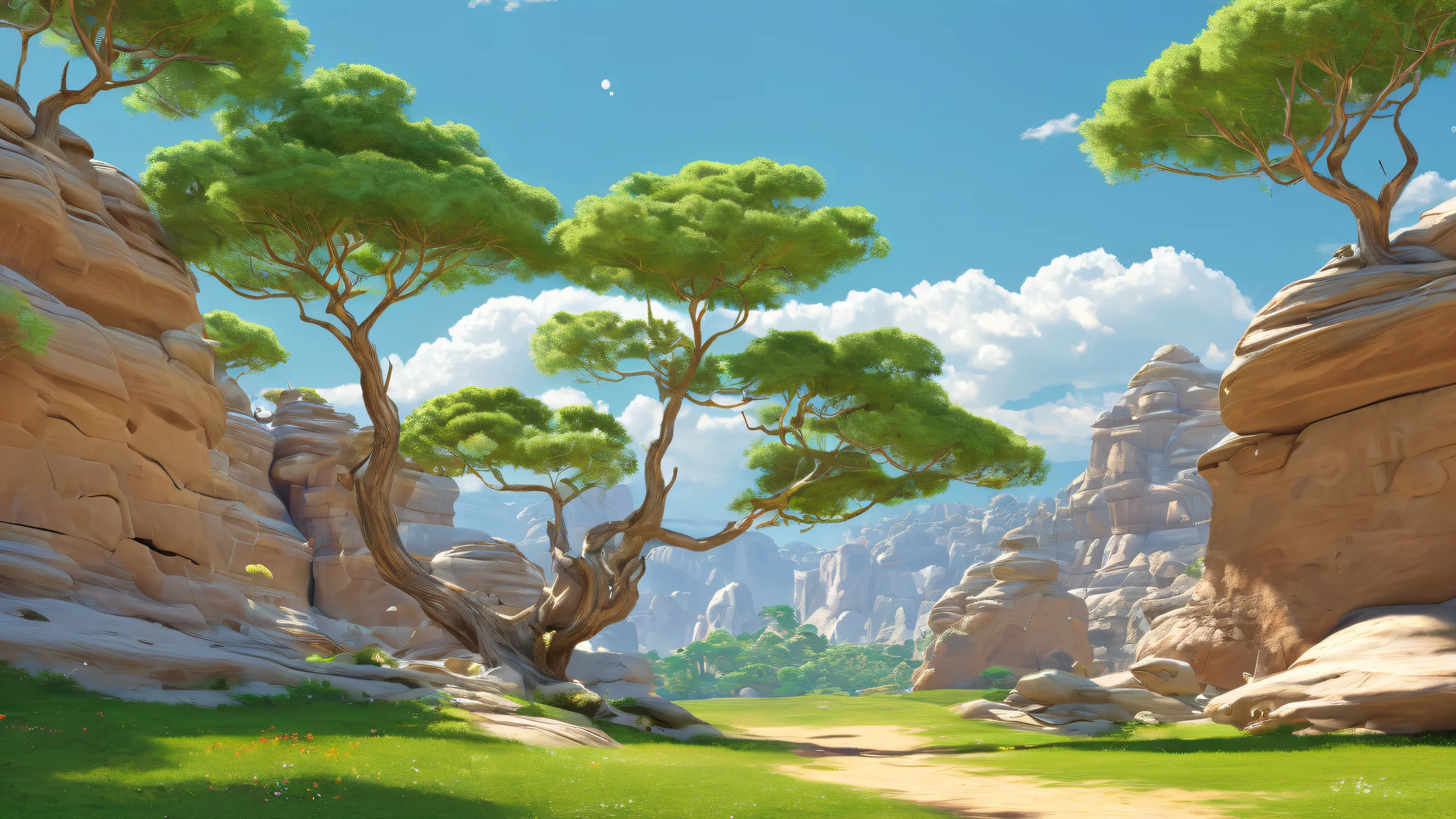 Ethereal Forest Dawn 4K UHD Wallpaper A serene fantasy desktop scene of trees and clouds on a perfectly clean void background, ideal for Desktop/PC users seeking a calming atmosphere.