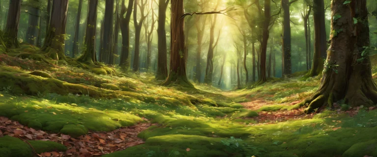 A serene desktop wallpaper of the forest floor, Perfekt für einen PC oder Desktop. Features a vast void with extreme depth of field and layered bokeh of deep green foliage and dark tree trunks.
