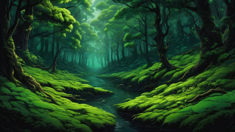 Breathtaking desktop wallpaper of a pristine forest for PC and Desktop use. Perfectly clean and vast with extreme depth of field, award-winning digital art, and sleek dark mode aesthetic.