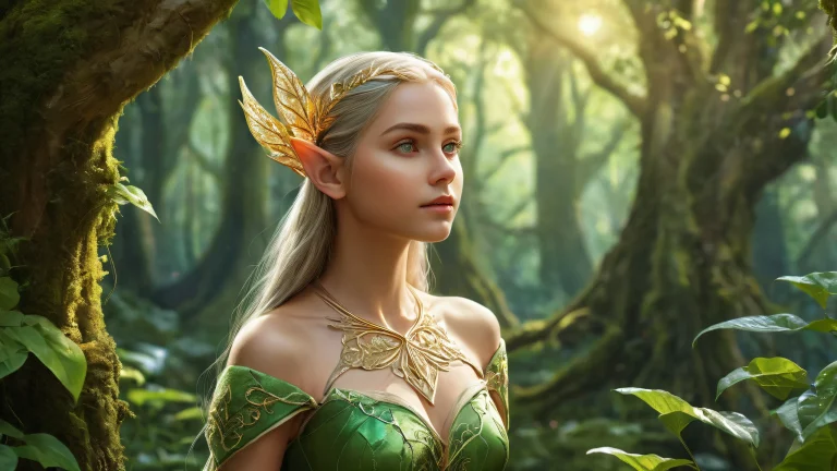 Elf Girl in a mystical forest with towering trees on a clean desktop/PC background.