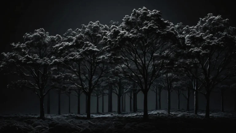 A serene desktop scene of towering trees in a vast pure void, ideal for desktop/PC backgrounds.