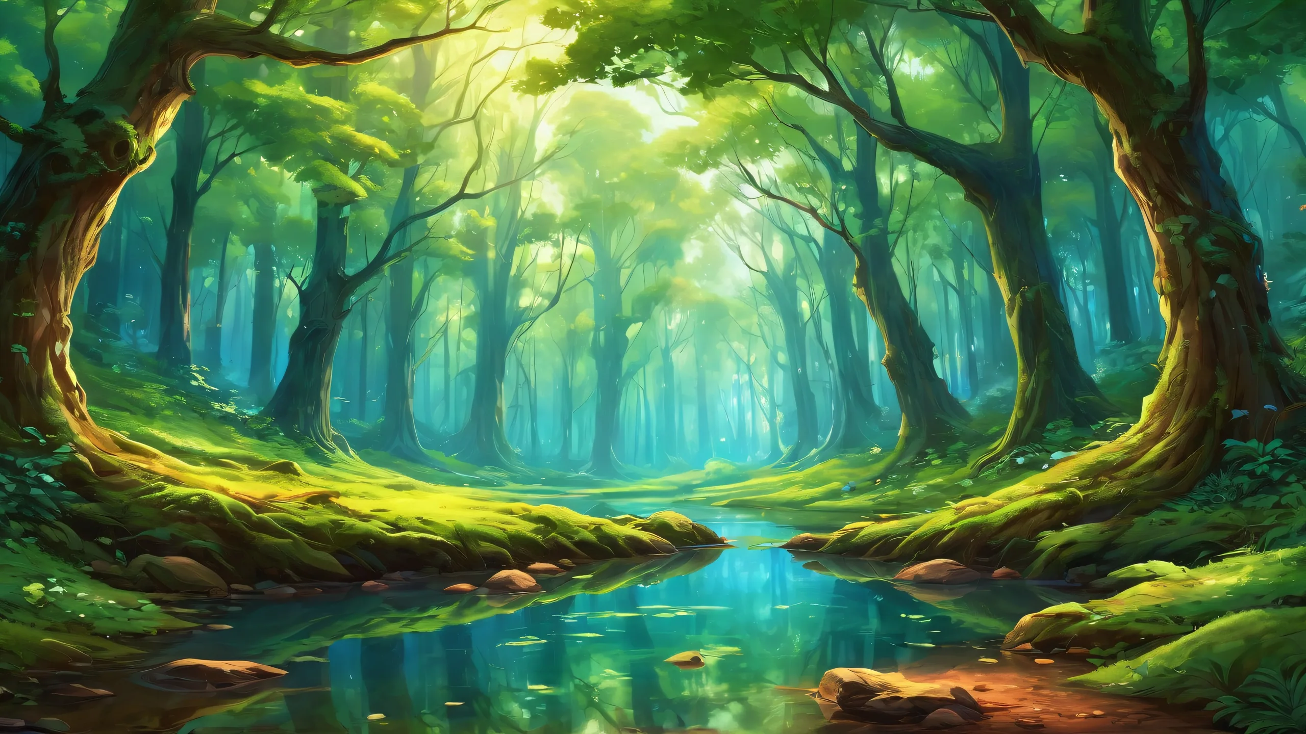 A serene and breathtaking desktop wallpaper of a vast pure forest on a desktop or PC, with radiant lighting and stunning panoramic vistas.