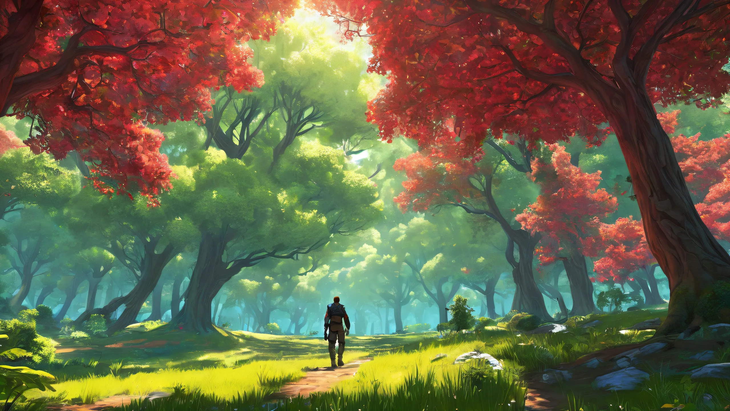 A breathtaking desktop image of a vast, pure void with towering trees and ethereal lighting for use on a Desktop/PC.