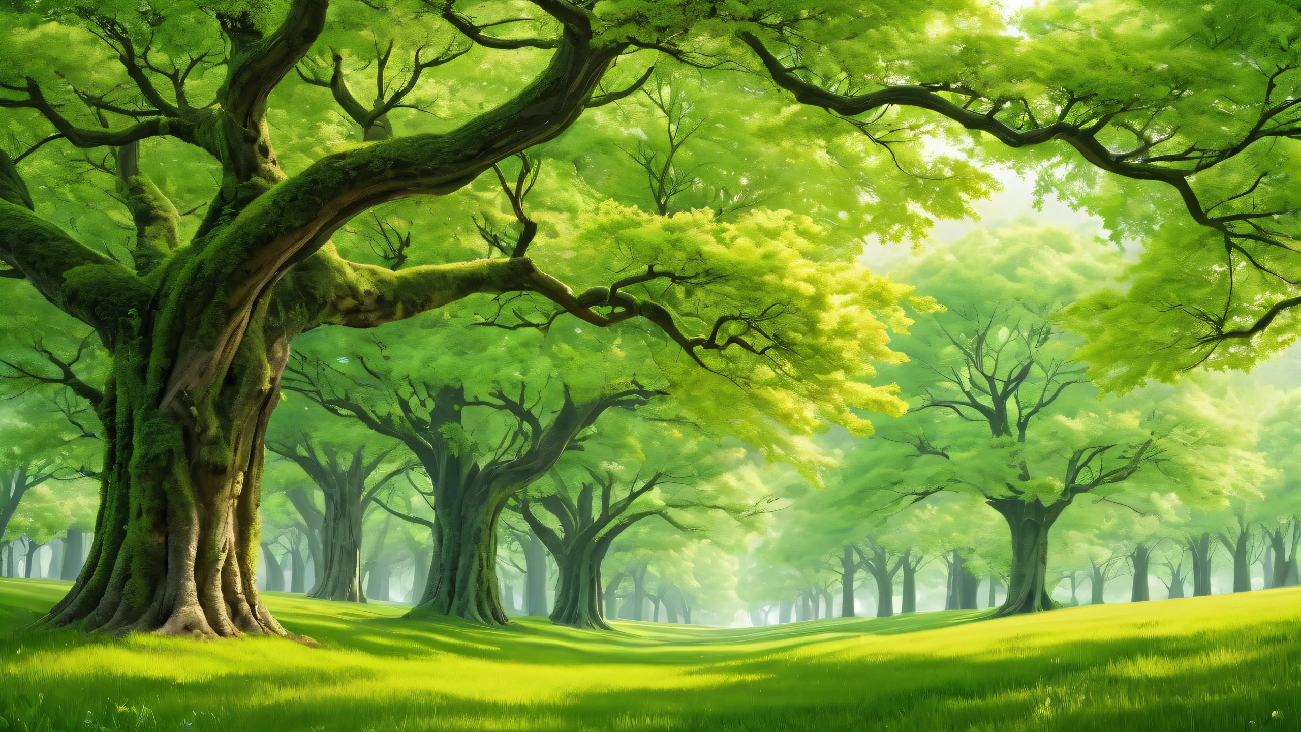 A serene and majestic trees desktop scene for PC or Desktop, featuring ethereal lighting and vivid colors.