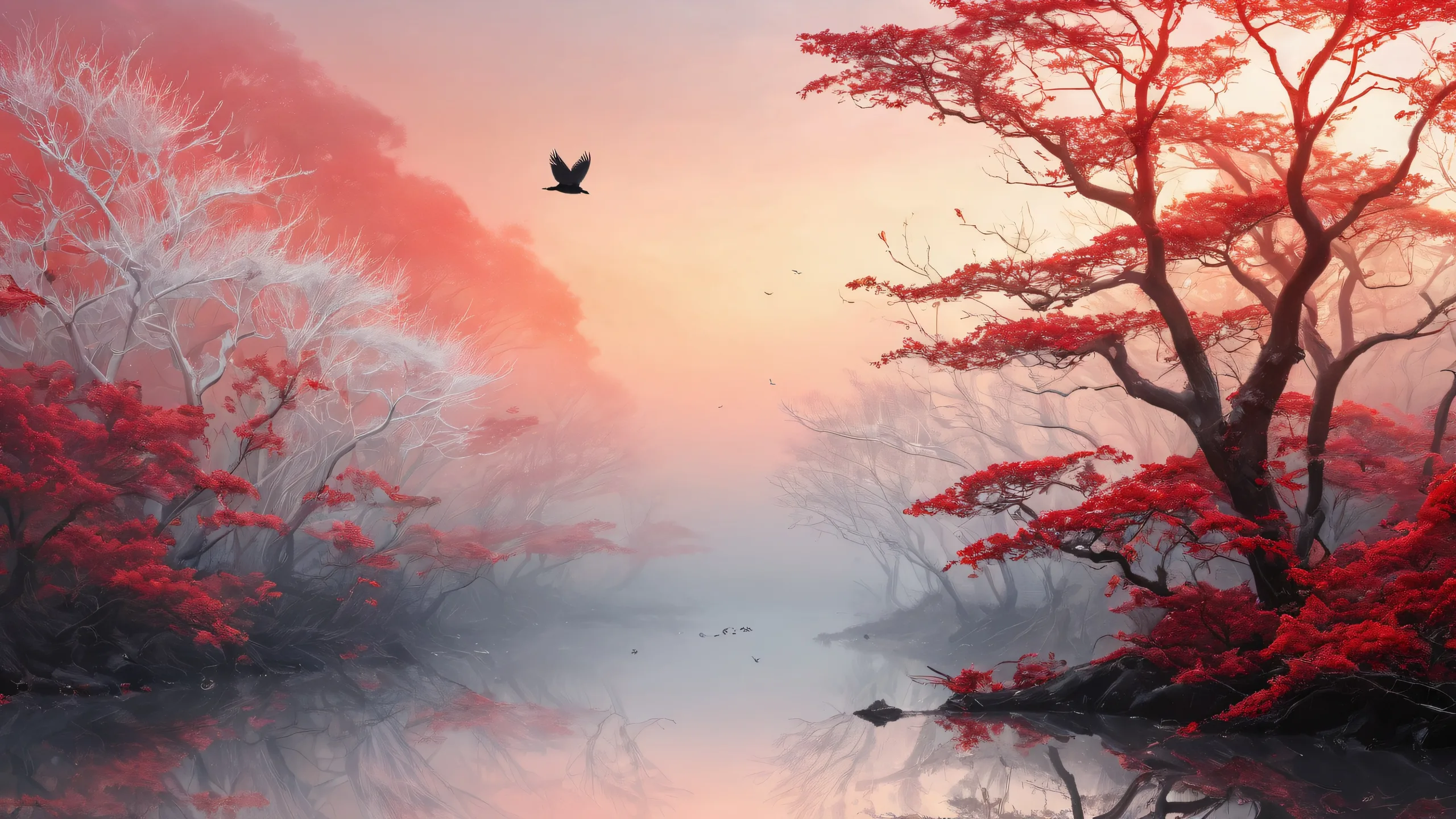 A breathtaking desktop image of a bird surrounded by tree branches on a pristine void background with atmospheric lighting and reflections, suitable for desktop/pc.