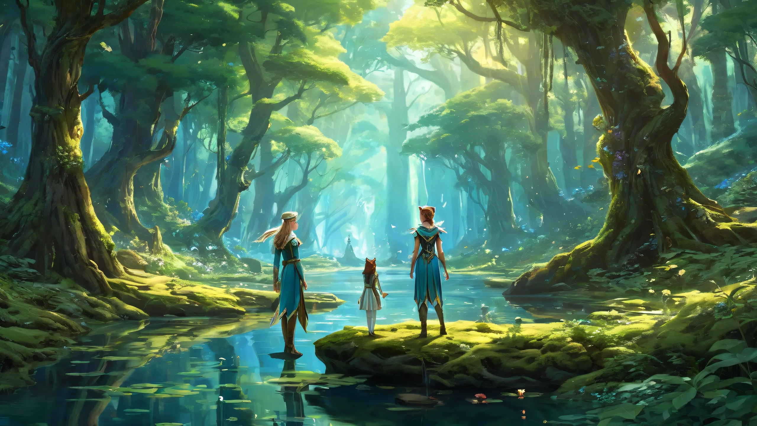 A serene desktop wallpaper featuring Artemis and Elf Girl in a pristine forest setting, perfect for your Desktop/PC.