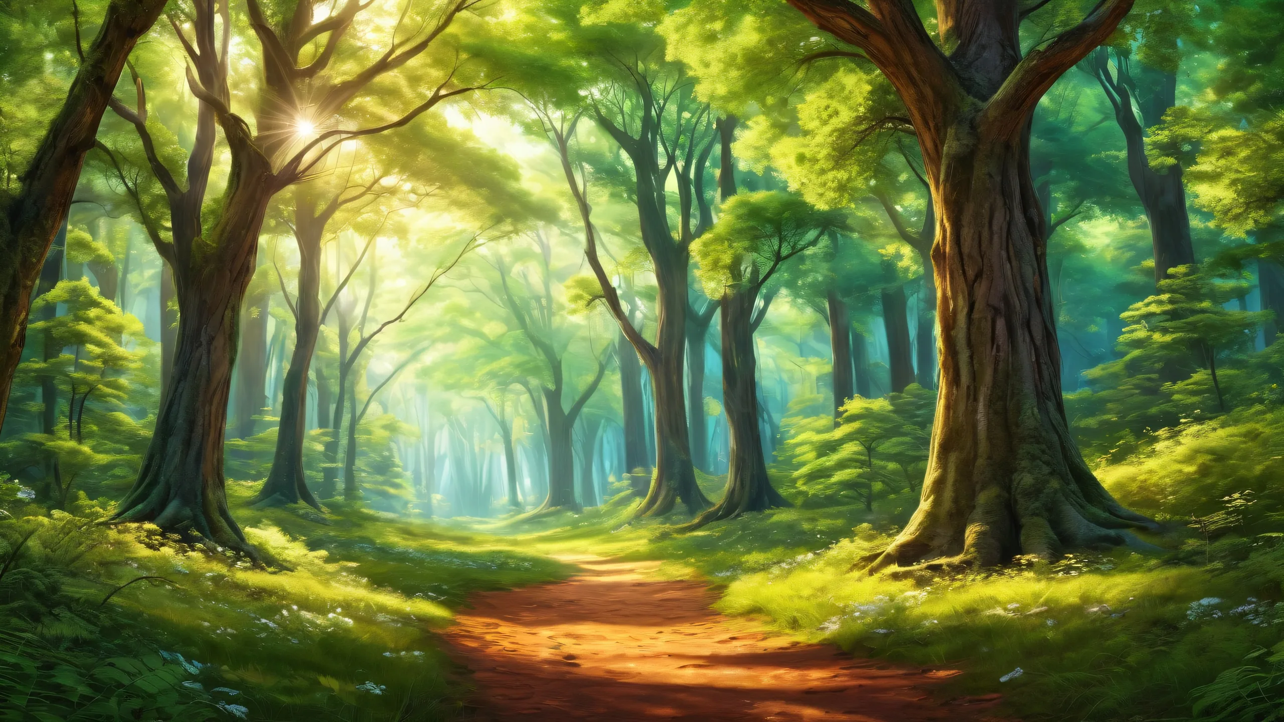 A serene forest desktop image with trees and daylight effects for a PC or Desktop background.