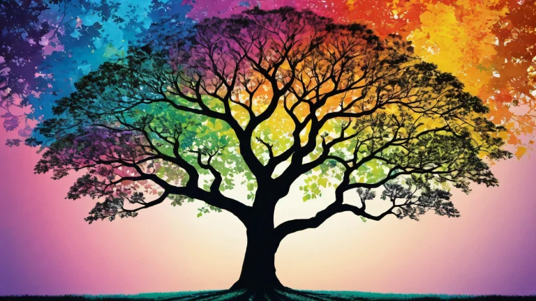 A serene desktop scene featuring a tree silhouette against a vast, pure void with natural lighting and radiant colors.
