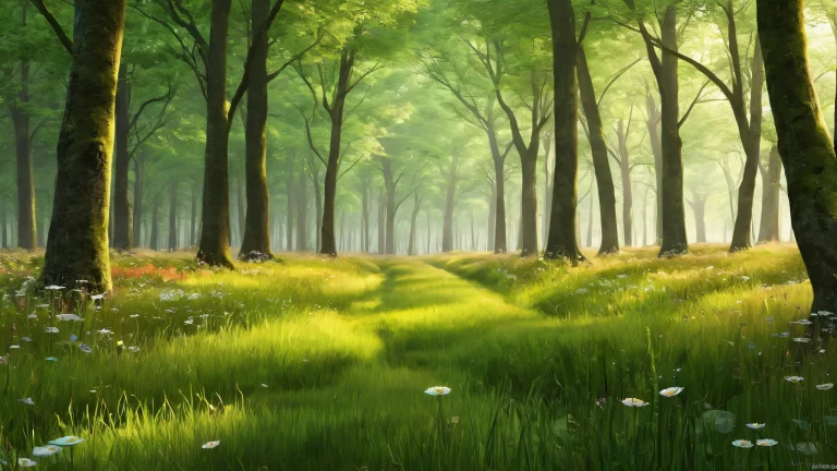 Breathtaking desktop wallpaper featuring a perfectly clean vast pure void, standing in a meadow at the forest edge, for Desktop/PC use.