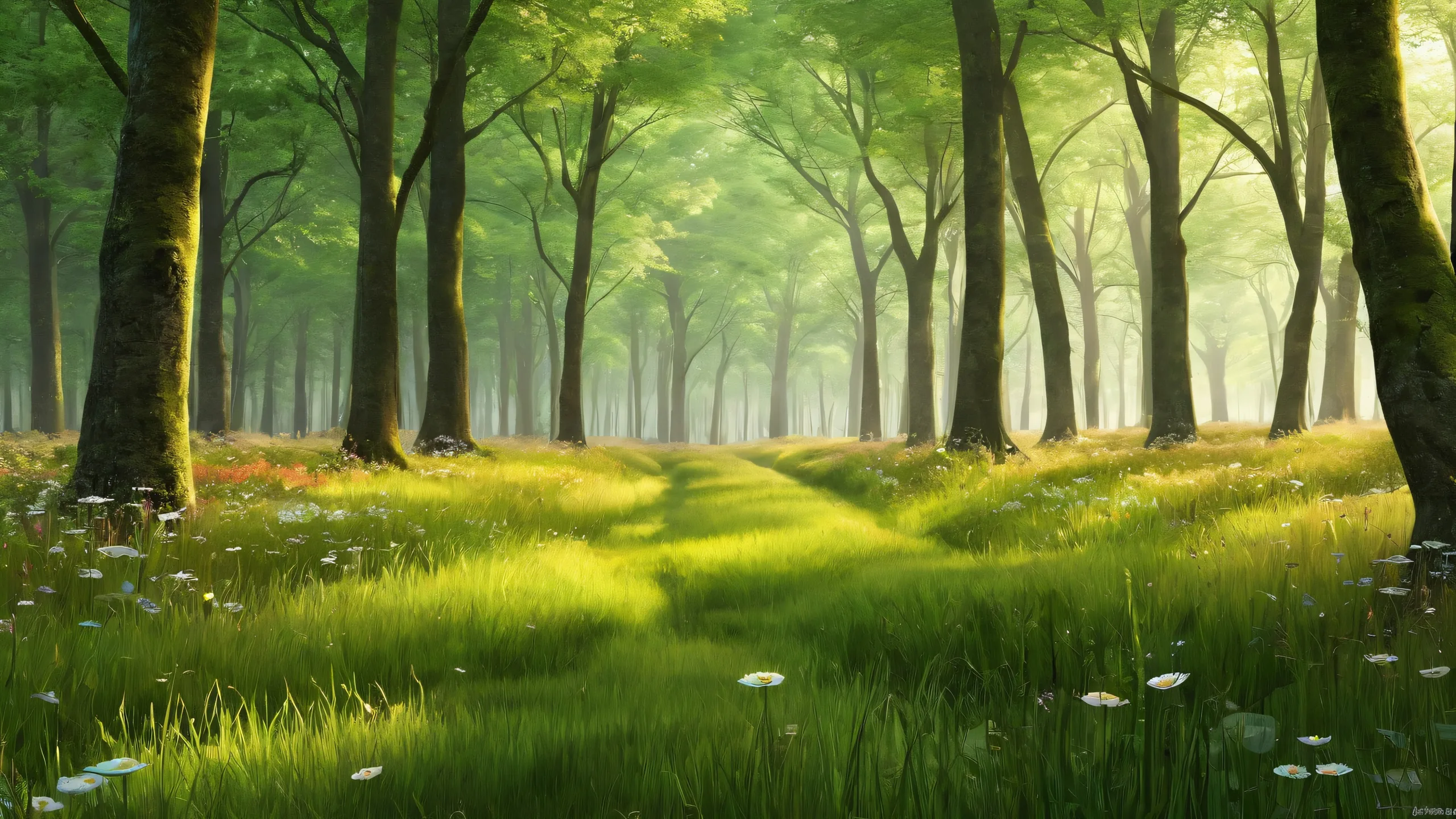 Breathtaking desktop wallpaper featuring a perfectly clean vast pure void, standing in a meadow at the forest edge, for Desktop/PC use.