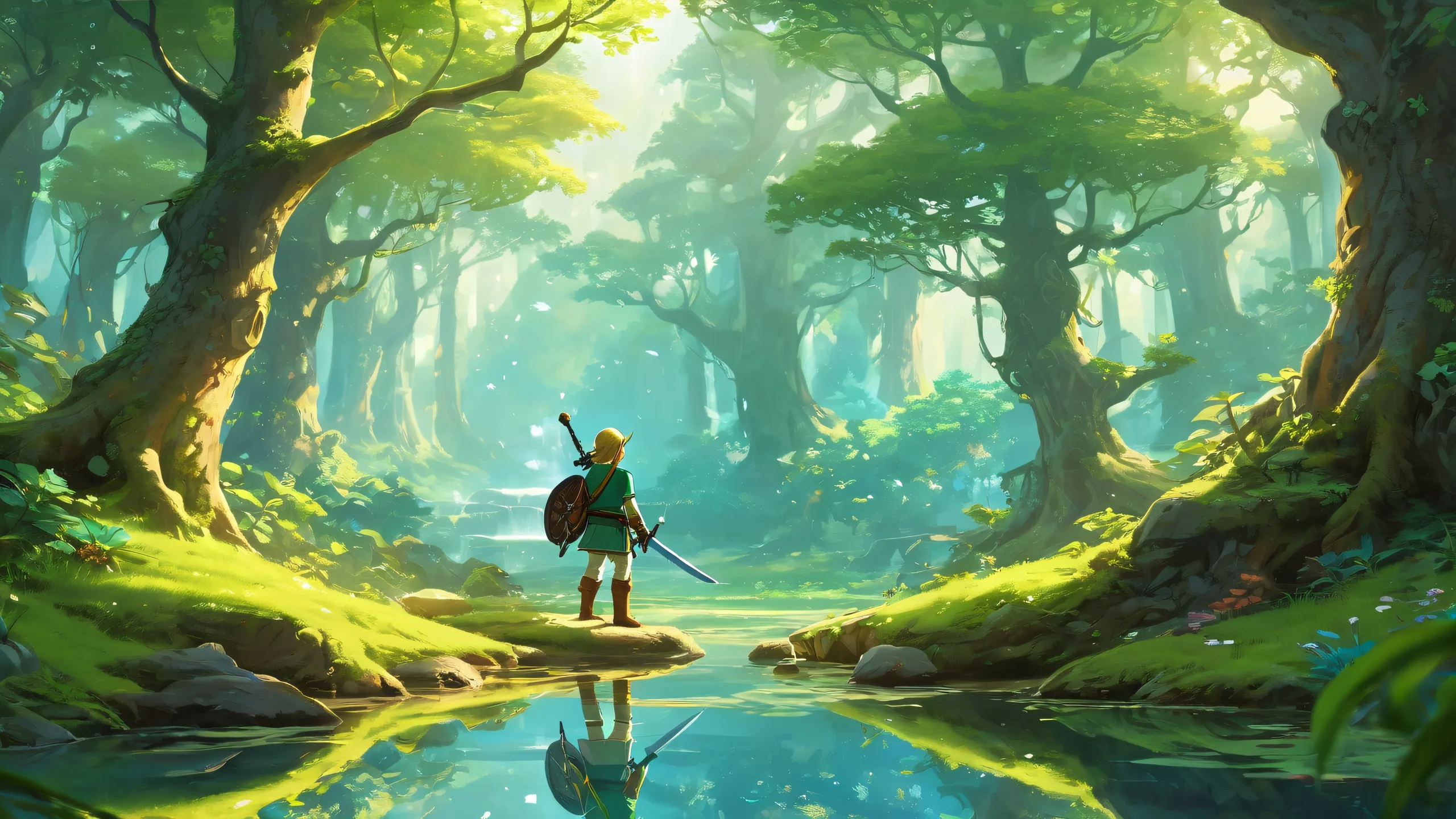 A mystical forest scene with a pure void background for desktop/PC use, featuring Link and ethereal lighting.