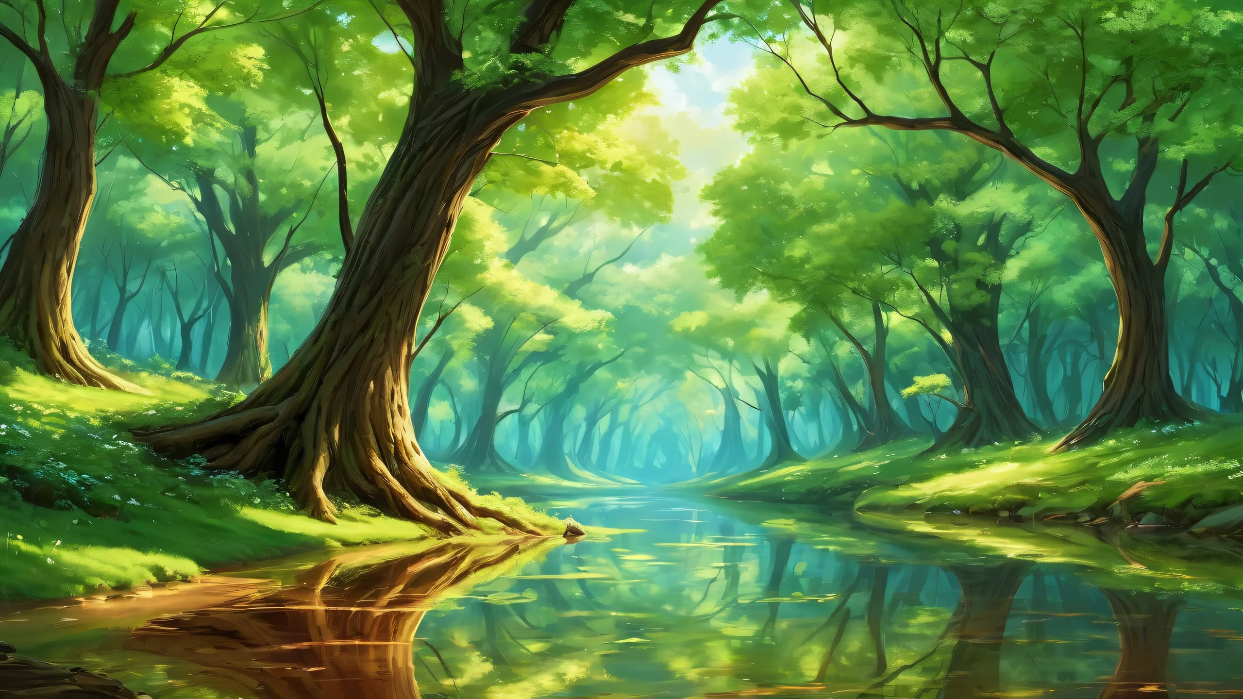 A serene and idyllic desktop scene featuring a majestic forest with radiant lighting, perfect for your PC or Desktop.