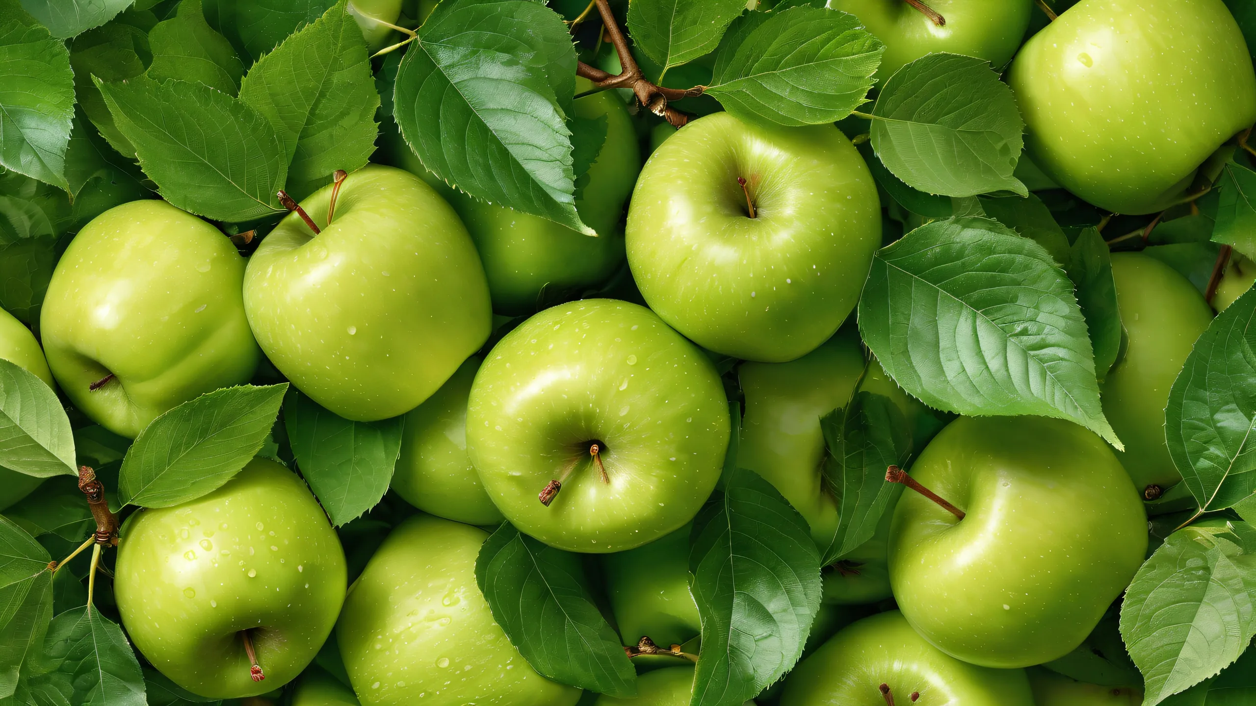 Beautiful desktop wallpaper of apples and leaves against a pure white background with soft sunlight filtering through foliage for a desktop/pc.