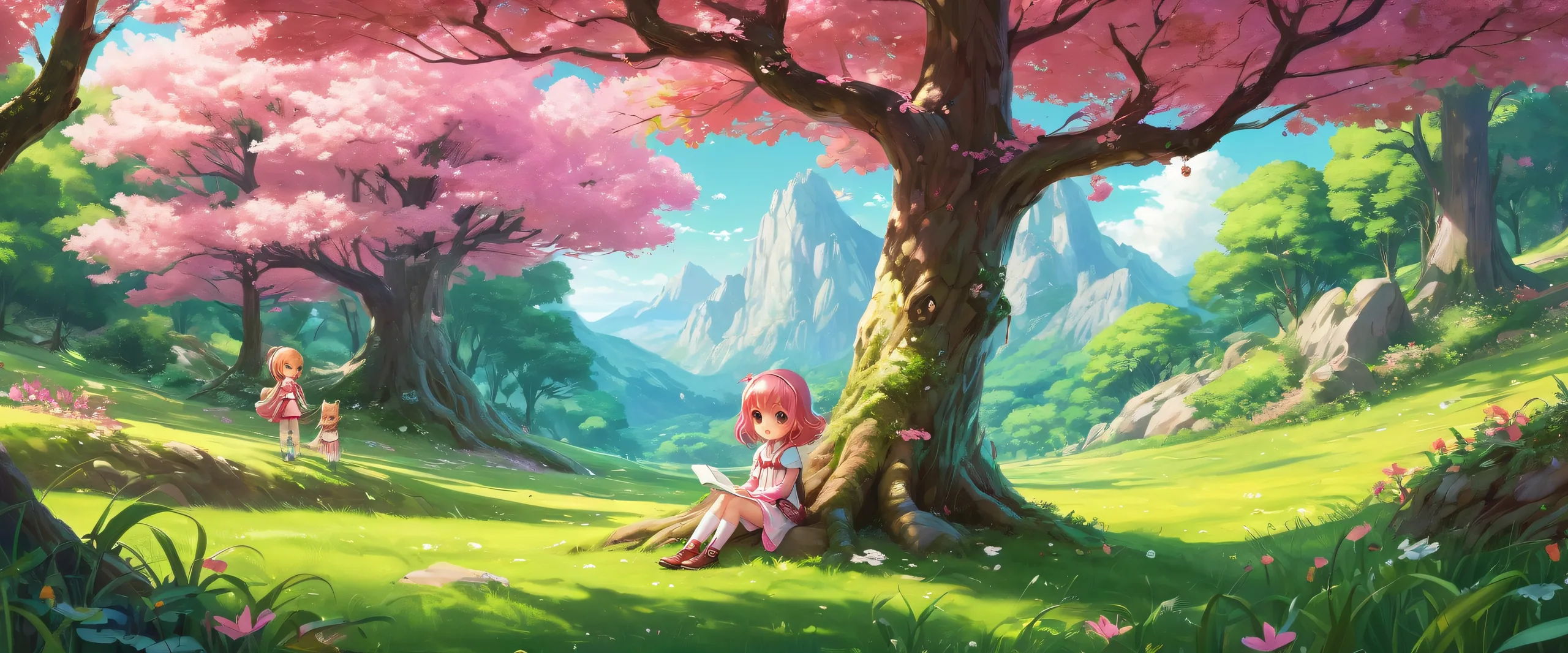 Chibi girls amidst a tranquil forest scene on a pristine void Desktop/PC background