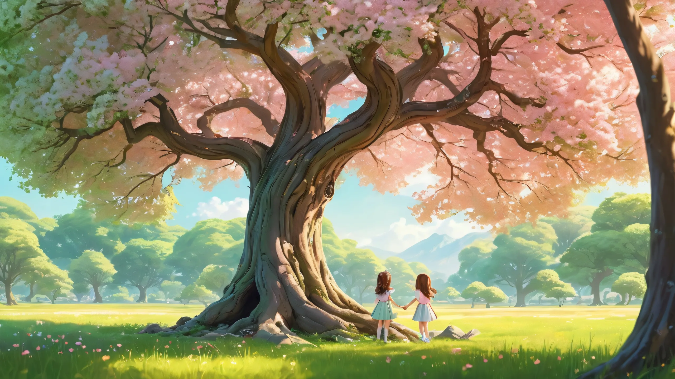 A serene desktop scene featuring a grassy clearing and a majestic tree in a vast pure void, perfect for your Desktop/PC.