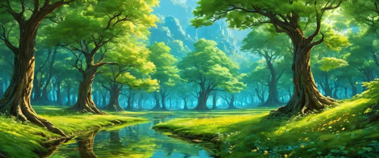 A serene and majestic forest scene on a desktop or PC background, featuring vibrant greenery and a sense of depth.