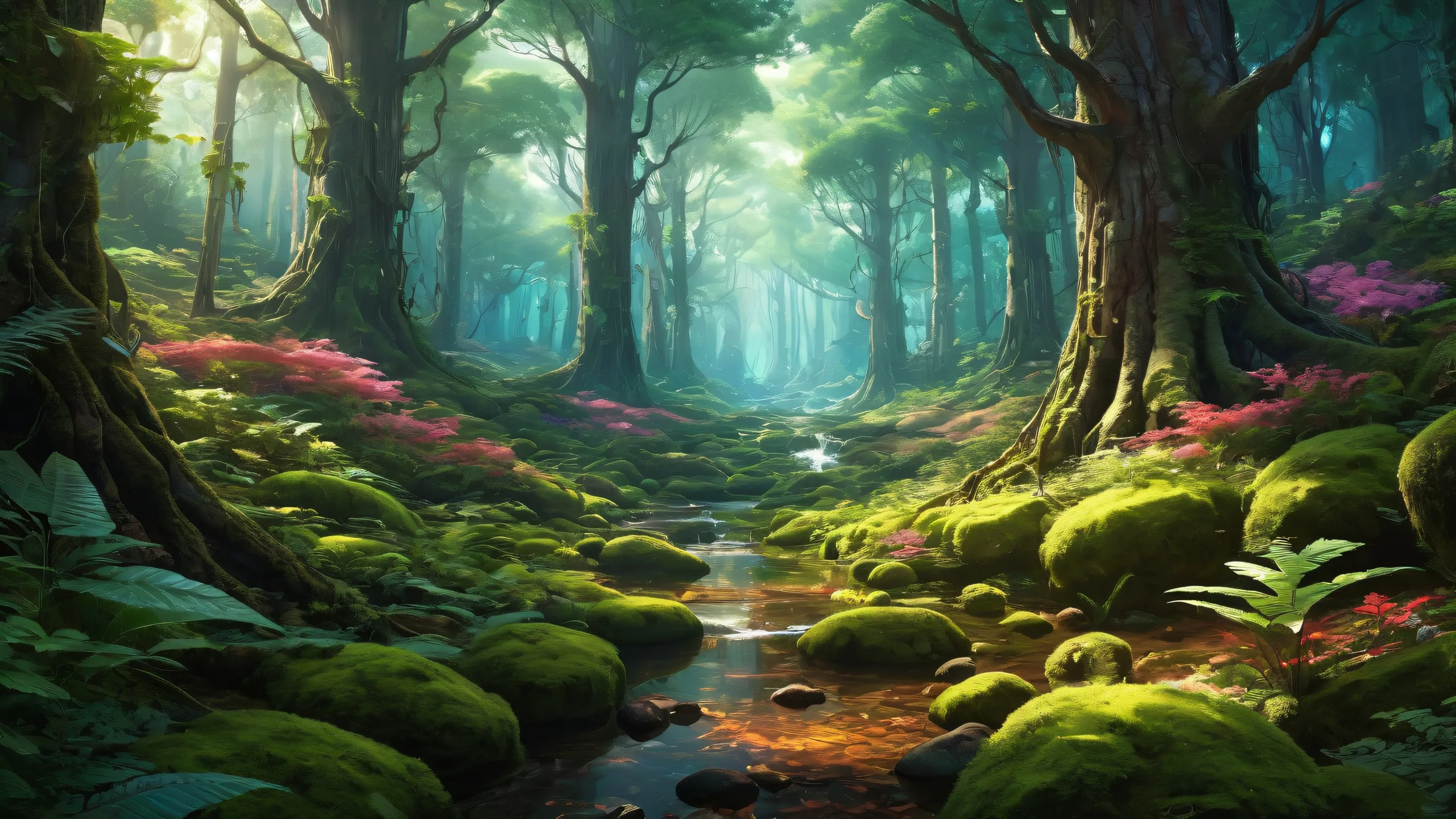 A serene and futuristic forest landscape on a desktop or PC, with a sense of exploration and discovery.