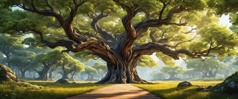 A serene desktop landscape featuring towering trees and wooden structures against a vast pure void, ideal for PC or Desktop use.