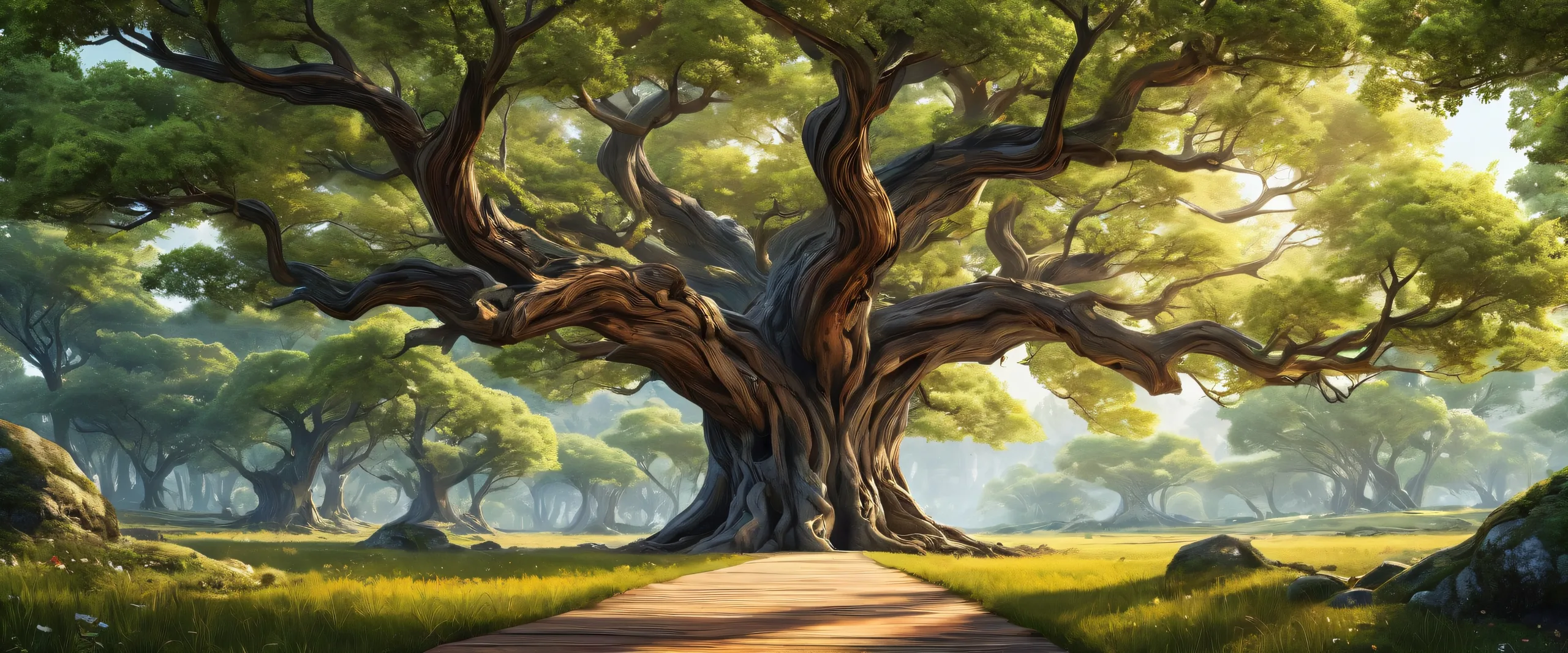 A serene desktop landscape featuring towering trees and wooden structures against a vast pure void, ideal for PC or Desktop use.