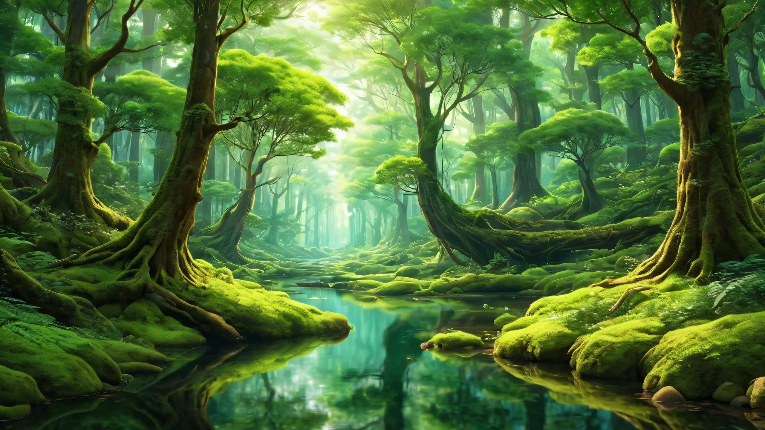 Beautiful forest landscape for your desktop/pc background featuring pure void and ethereal lighting.