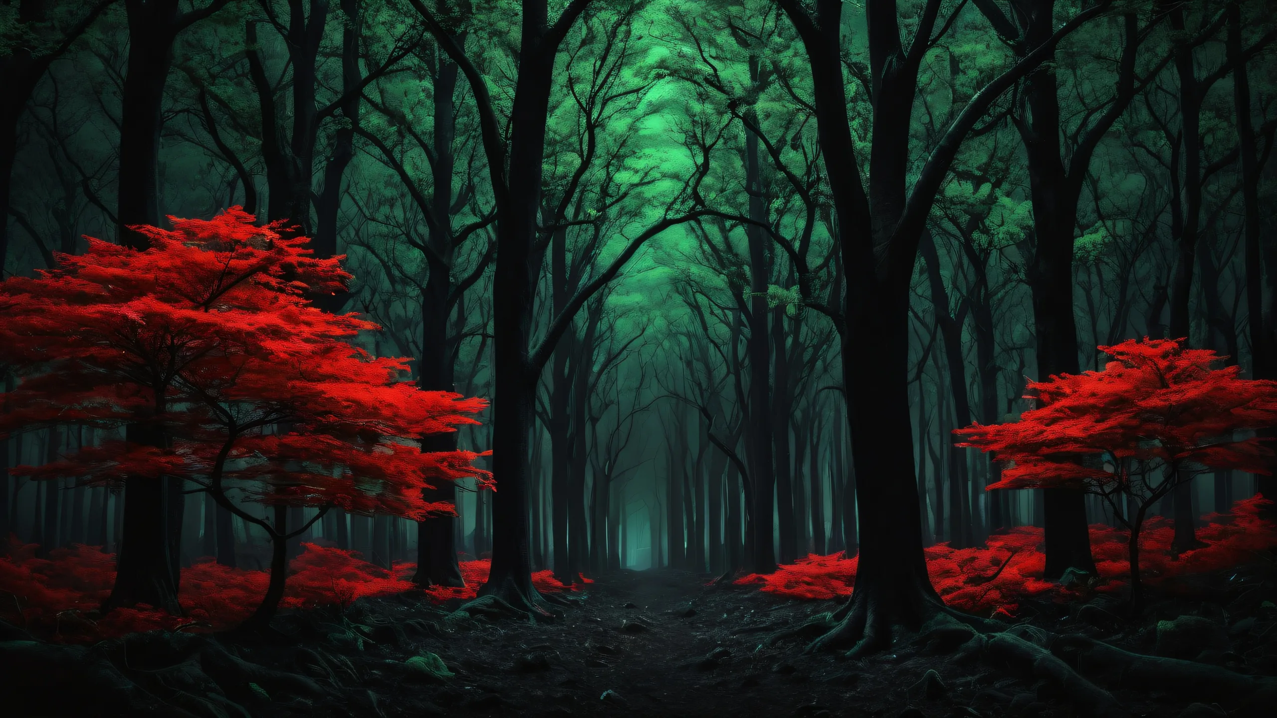 Breathtaking desktop wallpaper of trees against a vast, pure void with extreme depth of field and a forest background for Desktop/PC